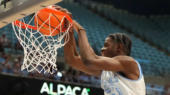 Oct 4, 2025; Charlotte, NC, USA; North Carolina Tar Heels forward Caleb Wilson (8) shoots but the ball rims out in the first half at Dean E. Smith Center. Mandatory Credit: Bob Donnan-Imagn Images Oct 4, 2025; Charlotte, NC, USA; North Carolina Tar Heels forward Caleb Wilson (8) shoots but the ball rims out in the first half at Dean E. Smith Center. Mandatory Credit: Bob Donnan-Imagn Images
