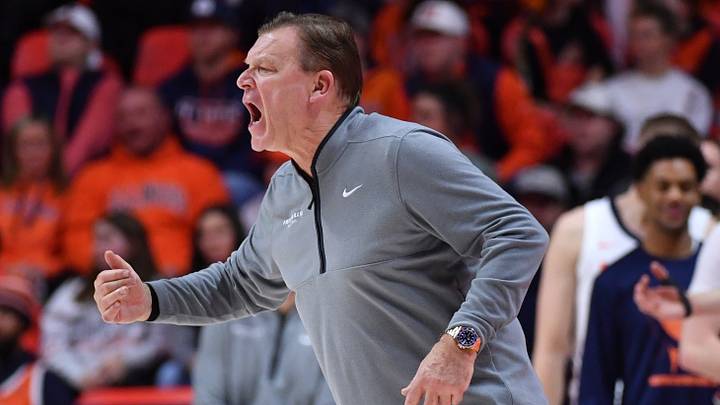 Jan 17, 2026; Champaign, Illinois, USA;  Illinois Fighting Illini head coach Brad Underwood reacts during the second half against the Minnesota Golden Gophers  at State Farm Center. Mandatory Credit: Ron Johnson-Imagn Images