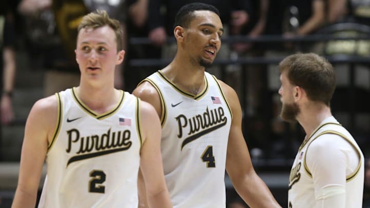 Purdue guard Fletcher Loyer (2), forward Trey Kaufman-Renn (4) and guard Braden Smith (3) Purdue guard Fletcher Loyer (2), forward Trey Kaufman-Renn (4) and guard Braden Smith (3)