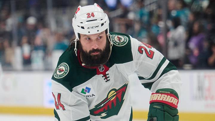 Jan 11, 2025; San Jose, California, USA; Minnesota Wild defenseman Zach Bogosian (24) warms up on the ice before the game against the San Jose Sharks at SAP Center at San Jose. Mandatory Credit: Robert Edwards-Imagn Images