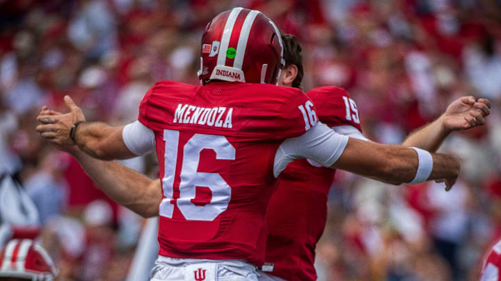 Indiana's Alberto Mendoza (16) and Fernando Mendoza (15) celebrate Alberto's touchdown pass during the Indiana versus Kennesaw State Big Ten football game at Memorial Stadium on Saturday, Sept. 6, 2025.