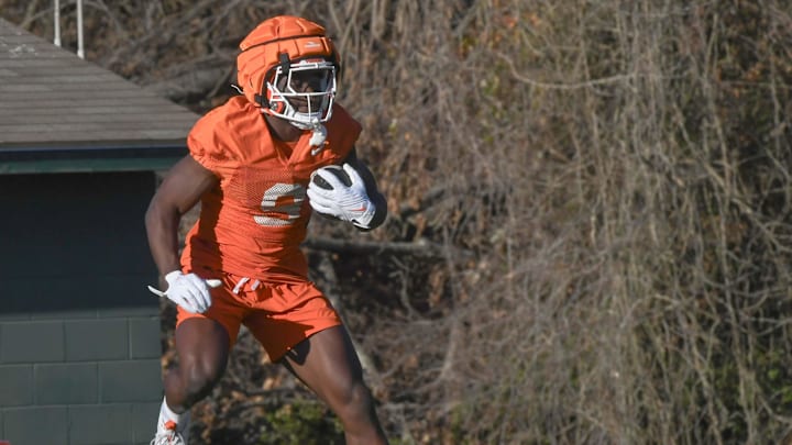 Clemson running back Gideon Davidson (9) during the first football practice at the Allen N. Reeves Football Complex at Clemson University in Clemson, S.C. Friday, February 28, 2025.