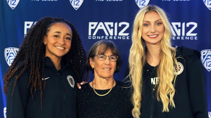 Oct 25, 2022; San Francisco, CA, USA; Stanford Cardinal guard Haley Jones (left), coach Tara VanDerveer (center) and forward Cameron Brink pose during Pac-12 Women's Basketball Media Day at the Pac-12 Network Studios. Mandatory Credit: Kirby Lee-Imagn Images