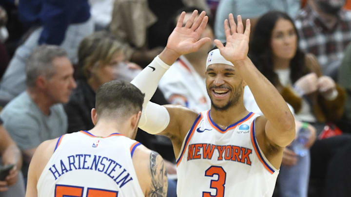 Mar 3, 2024; Cleveland, Ohio, USA; New York Knicks guard Josh Hart (3) and center Isaiah Hartenstein (55) celebrate a win over the Cleveland Cavaliers at Rocket Mortgage FieldHouse. Mandatory Credit: David Richard-Imagn Images Mar 3, 2024; Cleveland, Ohio, USA; New York Knicks guard Josh Hart (3) and center Isaiah Hartenstein (55) celebrate a win over the Cleveland Cavaliers at Rocket Mortgage FieldHouse. Mandatory Credit: David Richard-Imagn Images