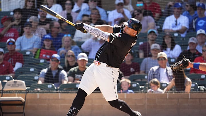 Arizona Diamondbacks' Josh Naylor singles to center against the Kansas City Royals in the fourth inning during a spring training game at Salt River Fields at Talking Stick on March 11, 2025. Arizona Diamondbacks' Josh Naylor singles to center against the Kansas City Royals in the fourth inning during a spring training game at Salt River Fields at Talking Stick on March 11, 2025.