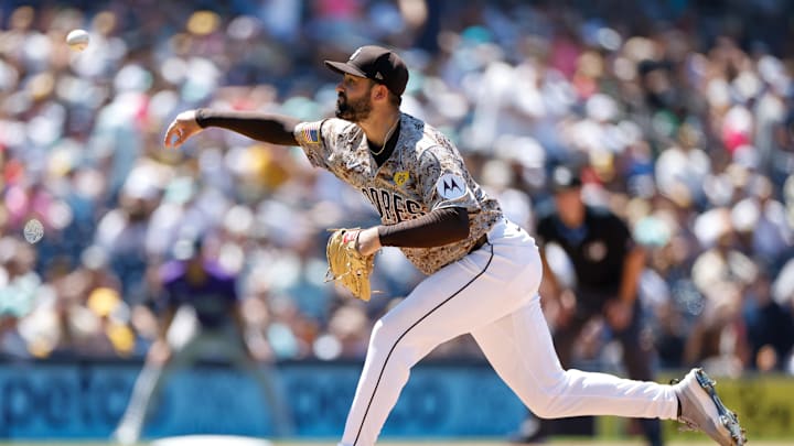 Aug 4, 2024; San Diego, California, USA; San Diego Padres starting pitcher Matt Waldron (61) throws a pitch during the fifth inning against the Colorado Rockies at Petco Park. Mandatory Credit: David Frerker-Imagn Images