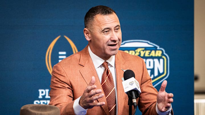 Texas Longhorns Head Coach Steve Sarkisian speaks during the Coaches' Press Conference at AT&T Stadium, Jan. 9, 2024. Both coaches answered questions from the media during the conference, and will face each other in the Cotton Bowl College Football Playoff semi-final game on Friday. Texas Longhorns Head Coach Steve Sarkisian speaks during the Coaches' Press Conference at AT&T Stadium, Jan. 9, 2024. Both coaches answered questions from the media during the conference, and will face each other in the Cotton Bowl College Football Playoff semi-final game on Friday.
