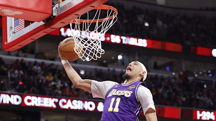 Jan 26, 2026; Chicago, Illinois, USA; Los Angeles Lakers center Jaxson Hayes (11) goes up for a dunk against the Chicago Bulls during the second half at United Center. Mandatory Credit: Kamil Krzaczynski-Imagn Images