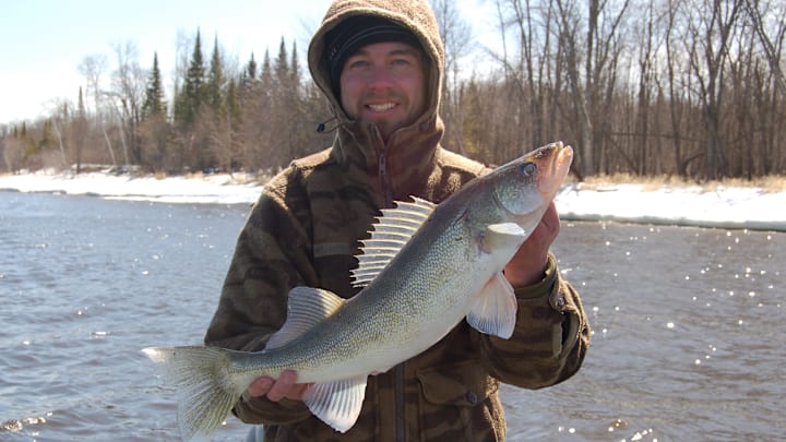 The author showing off a beautiful walleye caught from the ice-rimmed banks of Minnesota's Rainy River during the spring spawning run.