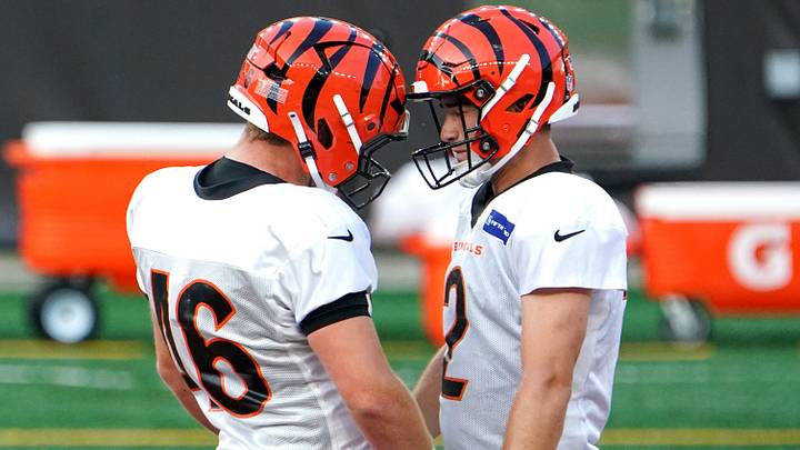 Cincinnati Bengals long snapper William Wagner (46) taps helmets with kicker Evan McPherson (2) in celebration after scoring a field goal while running plays during training camp, Friday, Aug. 7, 2026, at Paycor Stadium in Downtown Cincinnati.