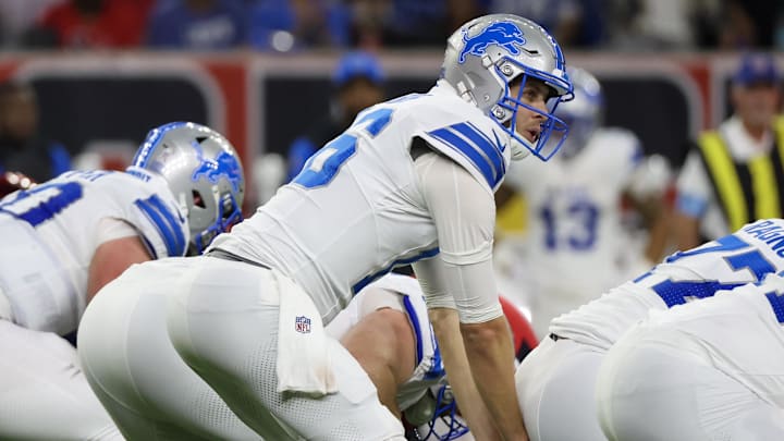Nov 10, 2024; Houston, Texas, USA; Detroit Lions quarterback Jared Goff (16) under center against the Houston Texans in the second quarter at NRG Stadium. Mandatory Credit: Thomas B. Shea-Imagn Images