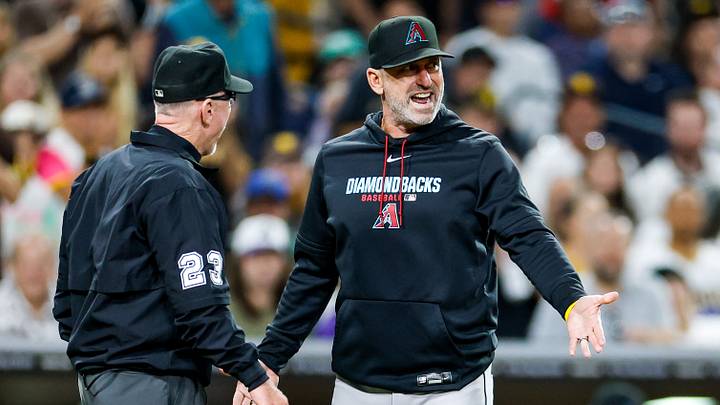 Jul 8, 2026; San Diego, California, USA; Arizona Diamondbacks manager Torey Lovullo (17) argues with third base umpire Lance Barksdale (23) after being ejected during the fifth inning against the San Diego Padres at Petco Park. Mandatory Credit: David Frerker-Imagn Images Jul 8, 2026; San Diego, California, USA; Arizona Diamondbacks manager Torey Lovullo (17) argues with third base umpire Lance Barksdale (23) after being ejected during the fifth inning against the San Diego Padres at Petco Park. Mandatory Credit: David Frerker-Imagn Images