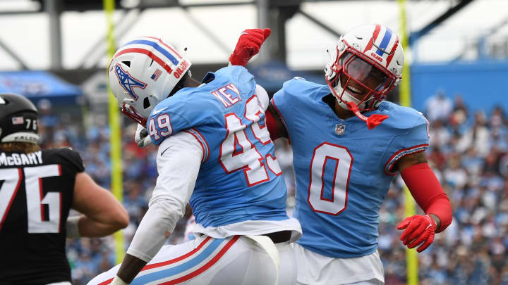Oct 29, 2023; Nashville, Tennessee, USA; Tennessee Titans linebacker Arden Key (49) and cornerback