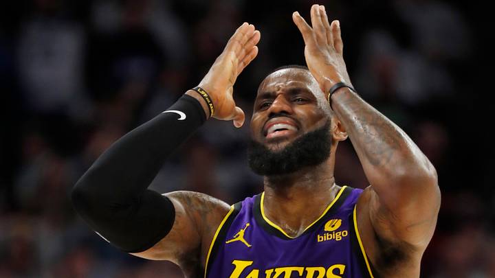 Los Angeles Lakers forward LeBron James (23) reacts to the call that his basket was only worth two-points against the Minnesota Timberwolves in the finals seconds of the fourth quarter at Target Center on Dec. 30, 2023. Los Angeles Lakers forward LeBron James (23) reacts to the call that his basket was only worth two-points against the Minnesota Timberwolves in the finals seconds of the fourth quarter at Target Center on Dec. 30, 2023.