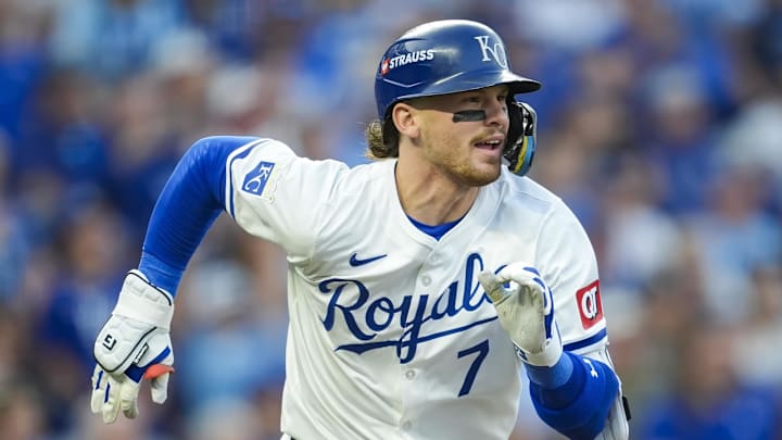 Oct 9, 2024; Kansas City, Missouri, USA; Kansas City Royals shortstop Bobby Witt Jr. (7) runs to first base during the first inning against the New York Yankees in game three of the ALDS for the 2024 MLB Playoffs at Kauffman Stadium. Mandatory Credit: Jay Biggerstaff-Imagn Images
