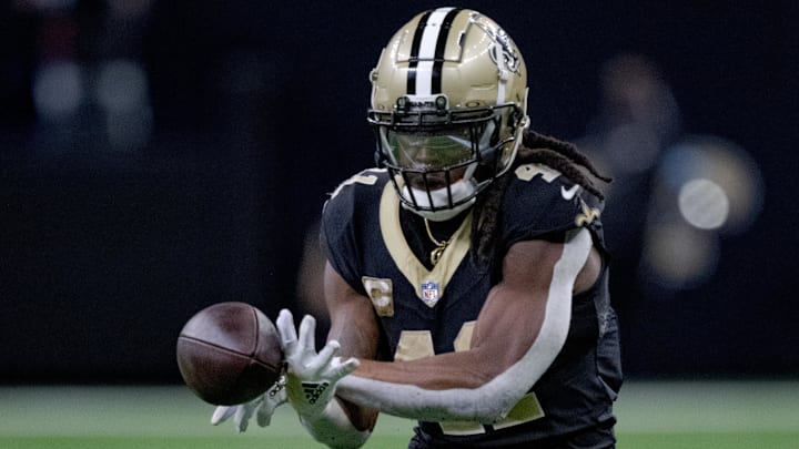Nov 10, 2024; New Orleans, Louisiana, USA; New Orleans Saints running back Alvin Kamara (41) drops a pass late in the fourth quarter at Caesars Superdome. 