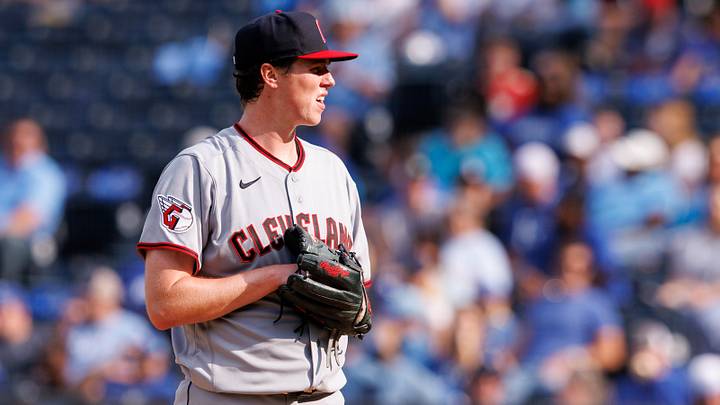 Sep 27, 2026: Cleveland Guardians pitcher Austin Peterson (49) on the mound during the eighth inning against the Kansas City Royals at Kauffman Stadium. Credit: William Purnell-Imagn Images