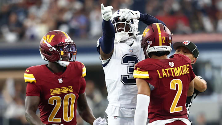 Dallas Cowboys wide receiver George Pickens celebrates after a play vs. Washington Commanders.