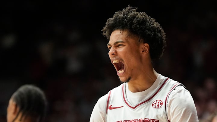 Mar 7, 2026; Tuscaloosa, AL, USA; Alabama guard Jalil Bethea (1) yells from the bench at Coleman Coliseum. Alabama defeated Auburn 96-84. Mandatory Credit: Gary Cosby Jr.-Tuscaloosa News