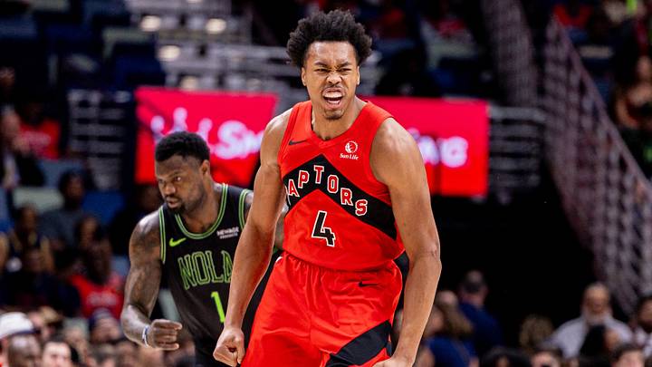Mar 11, 2026; New Orleans, Louisiana, USA;  Toronto Raptors forward/guard Scottie Barnes (4) reacts to making a three point basket against the New Orleans Pelicans during the first half at Smoothie King Center. Mandatory Credit: Stephen Lew-Imagn Images