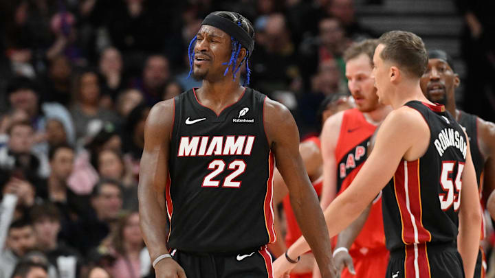 Dec 1, 2024; Toronto, Ontario, CAN;  Miami Heat forward Jimmy Butler (22) reacts to an officiating call in the first half against the Toronto Raptors at Scotiabank Arena. Mandatory Credit: Dan Hamilton-Imagn Images