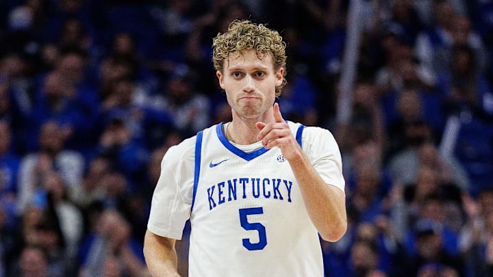 Feb 4, 2026; Lexington, Kentucky, USA; Kentucky Wildcats guard Collin Chandler (5) celebrates after making a three against the Oklahoma Sooners at Rupp Arena at Central Bank Center. Mandatory Credit: Jordan Prather-Imagn Images
