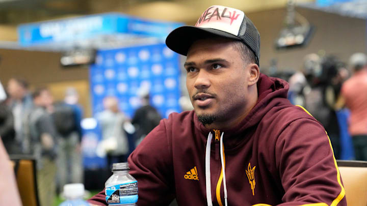 Arizona State defensive lineman Elijah O'Neal answers questions during media day for the Chick-fil-A Peach Bowl in Atlanta on Monday, Dec. 30, 2024.