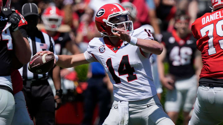 Georgia quarterback Gunner Stockton (14) throws a deep ball during the Georgia G-Day spring football game in Athens, Ga., on Saturday, April 12, 2025.