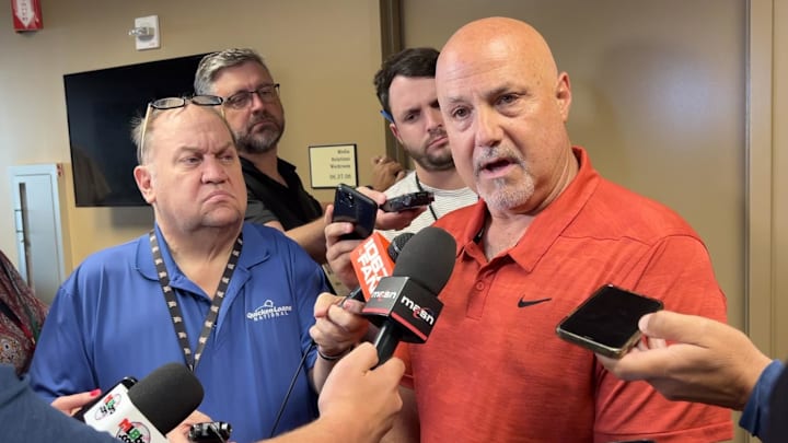 Aug 1, 2023; Washington, District of Columbia, USA; Washington Nationals general manager Mike Rizzo discusses the close of the trade window before the game against the Milwaukee Brewers at Nationals Park. 