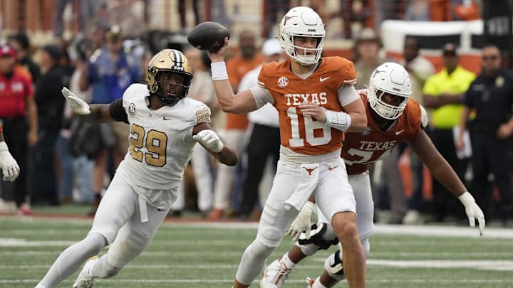 Nov 1, 2025; Austin, Texas, USA; Texas Longhorns quarterback Arch Manning (16) passes ahead of Vanderbilt Commodores defensive back Thomas Jones (9) during the second half at Darrell K Royal-Texas Memorial Stadium. Mandatory Credit: Scott Wachter-Imagn Images Nov 1, 2025; Austin, Texas, USA; Texas Longhorns quarterback Arch Manning (16) passes ahead of Vanderbilt Commodores defensive back Thomas Jones (9) during the second half at Darrell K Royal-Texas Memorial Stadium. Mandatory Credit: Scott Wachter-Imagn Images