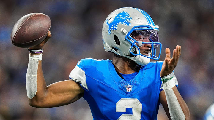 Detroit Lions quarterback Hendon Hooker (2) makes a pass against Pittsburgh Steelers during the second half of a preseason game at Ford Field in Detroit on Saturday, August 24, 2024.