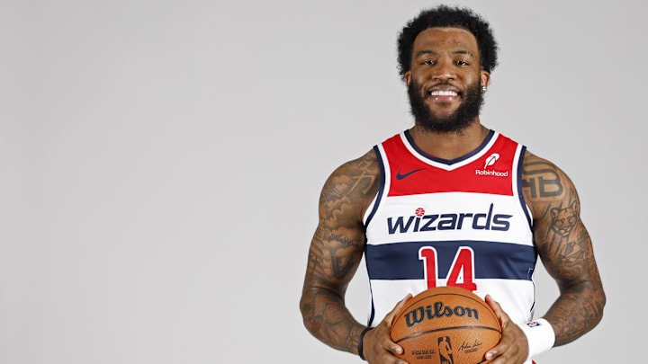 Sep 30, 2024; Washington, DC, USA; Washington Wizards forward Saddiq Bey (14) poses for a portrait during Washington Wizards media day 2024 at Capital One Arena. Mandatory Credit: Geoff Burke-Imagn Images