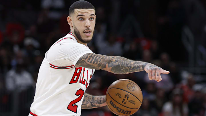 Oct 26, 2024; Chicago, Illinois, USA; Chicago Bulls guard Lonzo Ball (2) brings the ball up court against the Oklahoma City Thunder during the first half at United Center. Mandatory Credit: Kamil Krzaczynski-Imagn Images