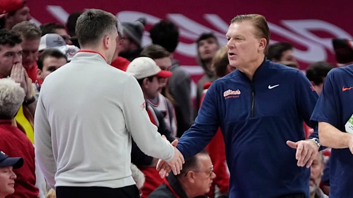 Illinois Fighting Illini head coach Brad Underwood and Ohio State Buckeyes head coach Jake Diebler shake hands following the NCAA men's basketball game in Columbus on Dec. 9, 2025. Ohio State lost 86-78. Illinois Fighting Illini head coach Brad Underwood and Ohio State Buckeyes head coach Jake Diebler shake hands following the NCAA men's basketball game in Columbus on Dec. 9, 2025. Ohio State lost 86-78.