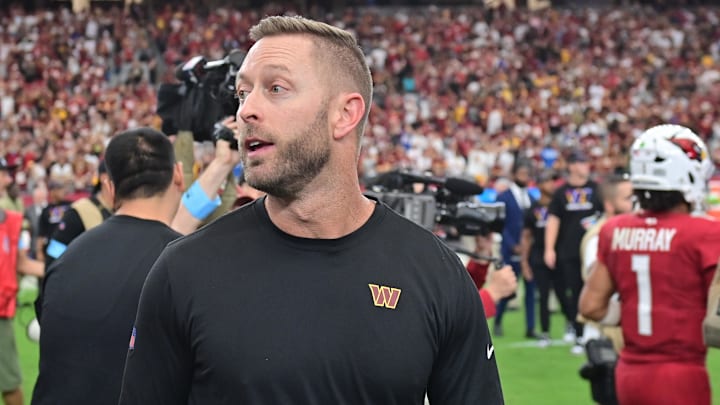 Sep 29, 2024; Glendale, Arizona, USA; Washington Commanders offensive coordinator Kliff Kingsbury reacts after beating the Arizona Cardinals at State Farm Stadium. Mandatory Credit: Matt Kartozian-Imagn Images Sep 29, 2024; Glendale, Arizona, USA; Washington Commanders offensive coordinator Kliff Kingsbury reacts after beating the Arizona Cardinals at State Farm Stadium. Mandatory Credit: Matt Kartozian-Imagn Images