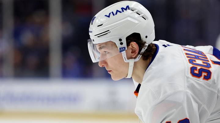 Mar 31, 2026; Buffalo, New York, USA;  New York Islanders defenseman Matthew Schaefer (48) waits for the face-off during the first period against the Buffalo Sabres at KeyBank Center. Mandatory Credit: Timothy T. Ludwig-Imagn Images