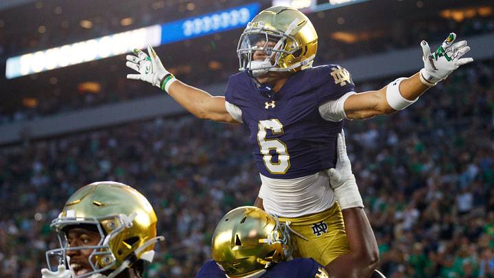 Notre Dame wide receiver Jordan Faison (6) celebrates after scoring a touchdown during the second half of a NCAA football game against Purdue at Notre Dame Stadium on Saturday, Sept. 20, 2025, in South Bend. Notre Dame wide receiver Jordan Faison (6) celebrates after scoring a touchdown during the second half of a NCAA football game against Purdue at Notre Dame Stadium on Saturday, Sept. 20, 2025, in South Bend.