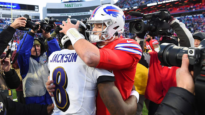 Dec 8, 2019; Orchard Park, NY, USA; Baltimore Ravens quarterback Lamar Jackson (8) greets Buffalo Bills quarterback Josh Allen (17) following the game at New Era Field.