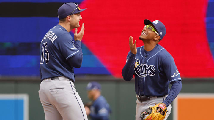 Apr 5, 2026; Minneapolis, Minnesota, USA; Tampa Bay Rays second baseman Richard Palacios (1) celebrates with shortstop Ben Williamson (15) after defeating the Minnesota Twins after the game at Target Field. Apr 5, 2026; Minneapolis, Minnesota, USA; Tampa Bay Rays second baseman Richard Palacios (1) celebrates with shortstop Ben Williamson (15) after defeating the Minnesota Twins after the game at Target Field.