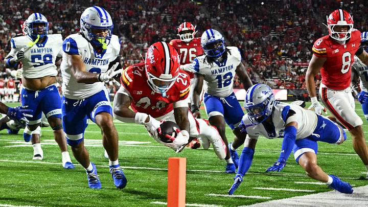 Sep 5, 2026; College Park, Maryland, USA; Maryland Terrapins running back Iverson Howard (24) dives across the goal line for a touchdown in the first half against the Hampton Pirates at SECU Stadium. Photo byJamie Sabau 