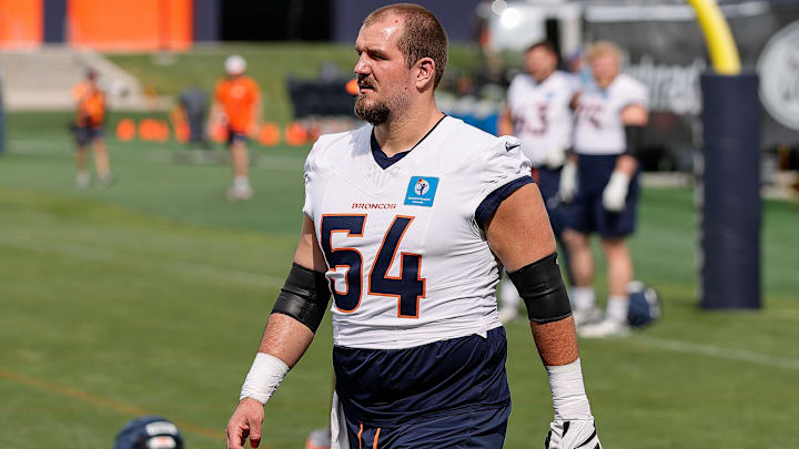 Jul 26, 2024; Englewood, CO, USA; Denver Broncos center Alex Forsyth (54) during training camp at Broncos Park Powered by CommonSpirit. Mandatory Credit: Isaiah J. Downing-Imagn Images