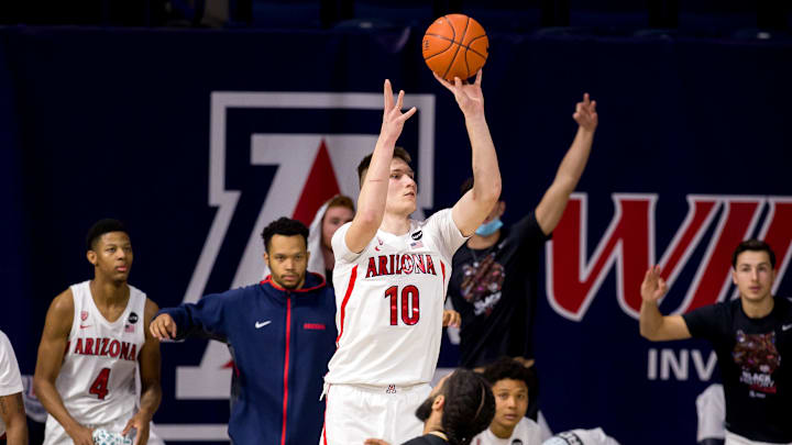 Feb 27, 2021; Tucson, Arizona, USA;  Arizona Wildcats forward Azuolas Tubelis (10) shoots the