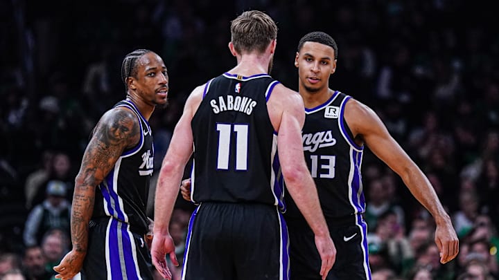 Jan 10, 2025; Boston, Massachusetts, USA; Sacramento Kings forward DeMar DeRozan (10), forward Keegan Murray (13) and forward Domantas Sabonis (11) react after defeating the Boston Celtics at TD Garden. Mandatory Credit: David Butler II-Imagn Images Jan 10, 2025; Boston, Massachusetts, USA; Sacramento Kings forward DeMar DeRozan (10), forward Keegan Murray (13) and forward Domantas Sabonis (11) react after defeating the Boston Celtics at TD Garden. Mandatory Credit: David Butler II-Imagn Images