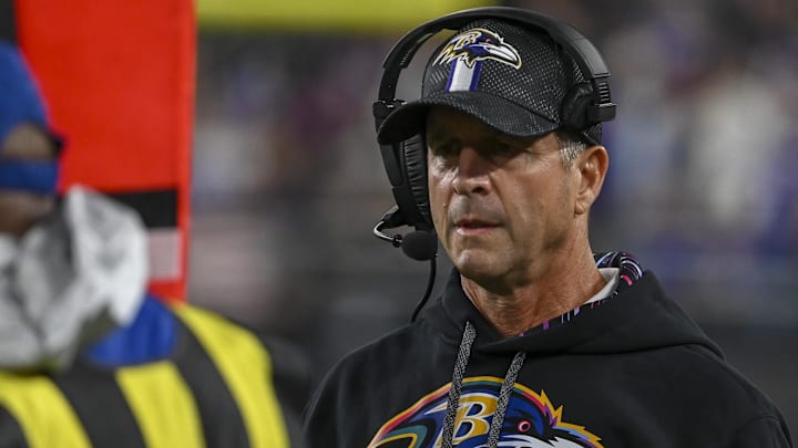 Sep 29, 2024; Baltimore, Maryland, USA; Baltimore Ravens head coach John Harbaugh walks down the sidelines during the first quarter against the Buffalo Bills at M&T Bank Stadium. Mandatory Credit: Tommy Gilligan-Imagn Images