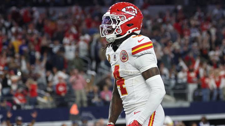 Nov 27, 2025; Arlington, Texas, USA; Kansas City Chiefs wide receiver Rashee Rice (4) celebrates after a touchdown against the Dallas Cowboys during the fourth quarter at AT&T Stadium. Mandatory Credit: Kevin Jairaj-Imagn Images Nov 27, 2025; Arlington, Texas, USA; Kansas City Chiefs wide receiver Rashee Rice (4) celebrates after a touchdown against the Dallas Cowboys during the fourth quarter at AT&T Stadium. Mandatory Credit: Kevin Jairaj-Imagn Images