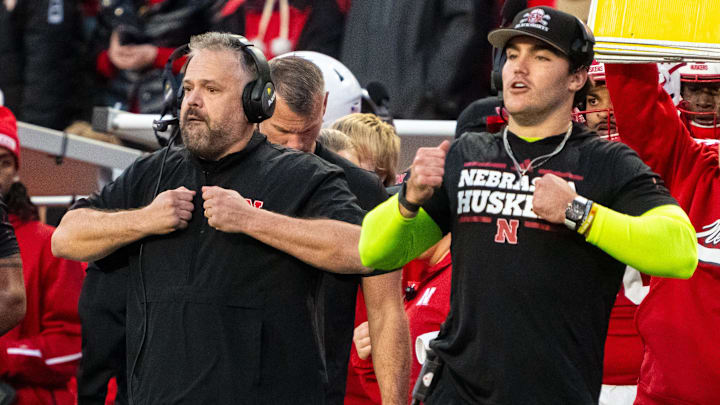 Nov 23, 2024; Lincoln, Nebraska, USA; Nebraska Cornhuskers head coach Matt Rhule coaches against the Wisconsin Badgers during the third quarter at Memorial Stadium. Mandatory Credit: Dylan Widger-Imagn Images