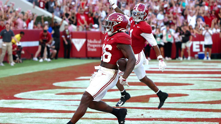 Oct 4, 2025; Tuscaloosa, Alabama, USA; Alabama Crimson Tide running back Jam Miller (26) runs into the end zone late in the second half against the Vanderbilt Commodores at Saban Field at Bryant-Denny Stadium. Mandatory Credit: David Leong-Imagn Images
