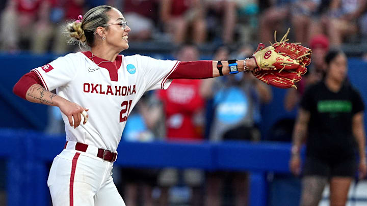Oklahoma pitcher Sam Landry celebrates against Oregon in the 2025 WCWS. Oklahoma pitcher Sam Landry celebrates against Oregon in the 2025 WCWS.