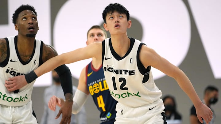 Dec 19, 2021; Las Vegas, NV, USA; G League Ignite forward Fanbo Zeng (12) is pictured during a third quarter free throw against the Grand Rapids Gold at Mandalay Bay Convention Center. Mandatory Credit: Stephen R. Sylvanie-Imagn Images Dec 19, 2021; Las Vegas, NV, USA; G League Ignite forward Fanbo Zeng (12) is pictured during a third quarter free throw against the Grand Rapids Gold at Mandalay Bay Convention Center. Mandatory Credit: Stephen R. Sylvanie-Imagn Images