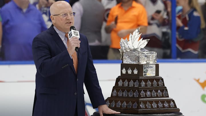 NHL Deputy Commissioner Bill Daly speaks prior to presenting the Conn Smythe Trophy to Colorado Avalanche defenseman Cale Makar after the game against the Tampa Bay Lightning in game six of the 2022 Stanley Cup Final at Amalie Arena. 